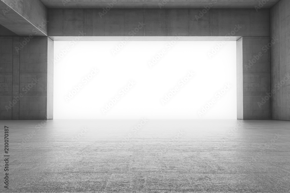 Empty abstract concrete room with the gate and glowing light. Interior concept background. 3d illustration Empty abstract concrete room with the gate and glowing light. Interior concept background. 3d illustration