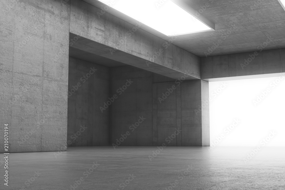 Empty abstract concrete room with the gate and glowing light. Interior concept background. 3d illustration