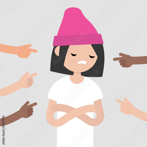 Victim of a bullying. Fingers pointing on the upset character. Mocking. Sexism. Misogyny. Сonviction of the crowd. Flat editable vector illustration, clip art