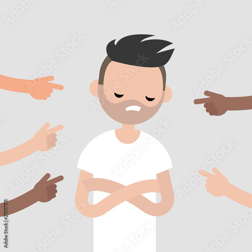 Victim of a bullying. Fingers pointing on the upset character. Mocking. Сonviction of the crowd. Flat editable vector illustration, clip art