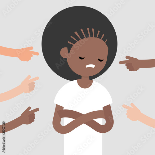 Victim of a bullying. Fingers pointing on the upset character. Mocking. Sexism. Racism. Misogyny. Сonviction of the crowd. Flat editable vector illustration, clip art