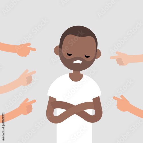 Victim of a bullying. Fingers pointing on the upset character. Mocking. Racism.  Сonviction of the crowd. Flat editable vector illustration, clip art