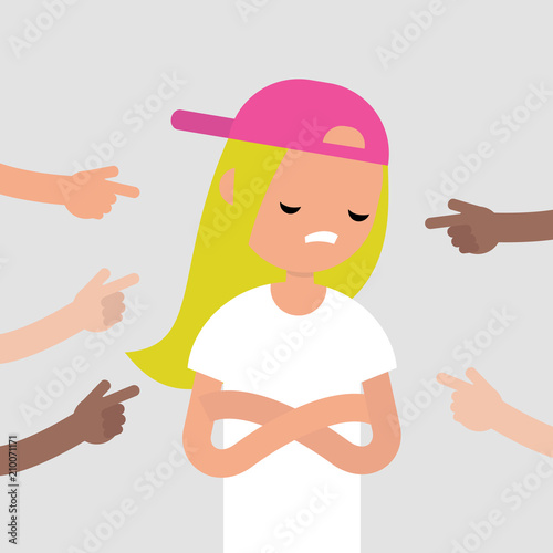 Victim of a bullying. Fingers pointing on the upset character. Mocking. Sexism. Misogyny. Сonviction of the crowd. Flat editable vector illustration, clip art