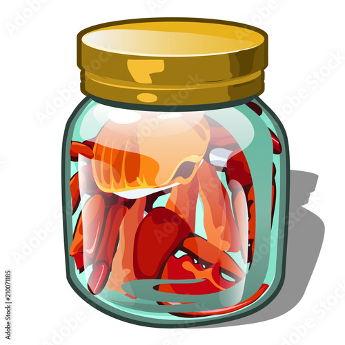 The crab is placed in a glass jar isolated on white background. Vector cartoon close-up illustration.