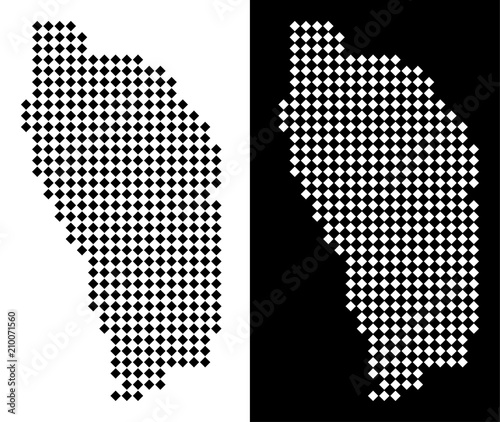 Vector rhombus pixel Dominica Island map. Abstract geographical maps in black and white colors on white and black backgrounds. Dominica Island map organized of rhombus dot mosaic.