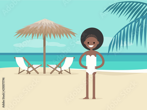 Young character on vacation. Beach landscape. Two chaise lounges under the palm tree umbrella. Background. Paradise. Flat editable vector illustration, clip art