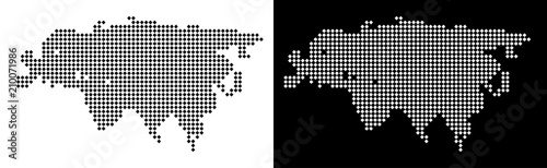 Vector rhombus pixel Eurasia map. Abstract geographical maps in black and white colors on white and black backgrounds. Eurasia map designed of rhombus point array.