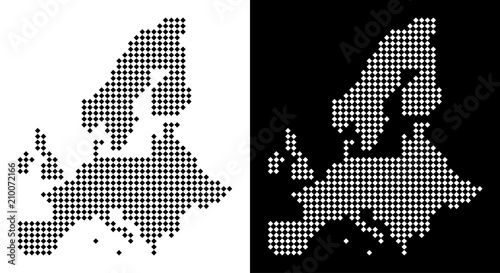 Vector rhombus dotted European Union map. Abstract territory maps in black and white colors on white and black backgrounds. European Union map constructed of rhombic dot grid.