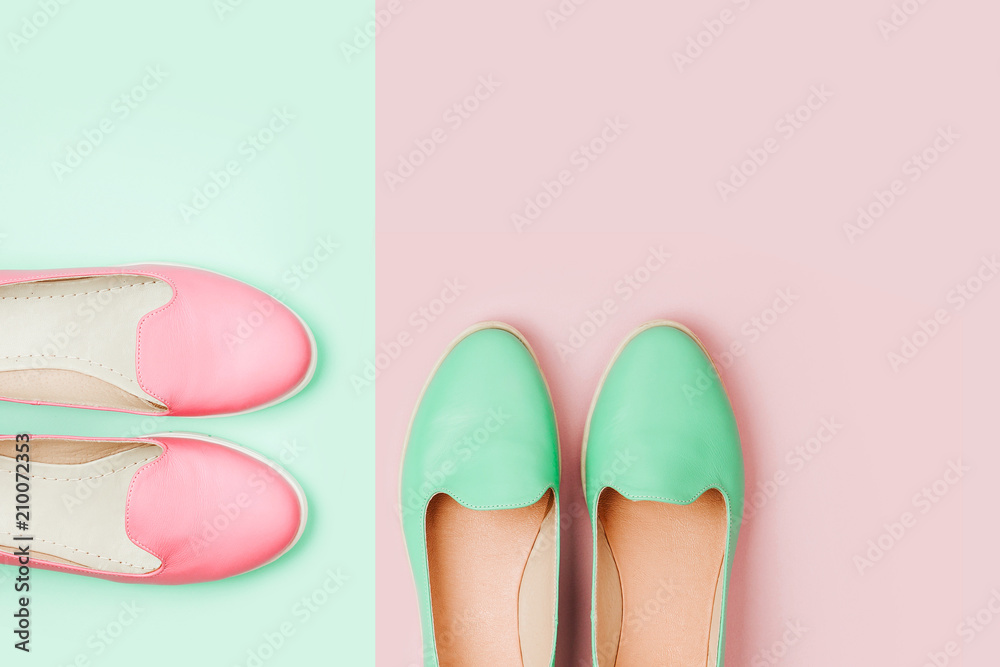 Stylish female shoes in pastel colors. Beauty and fashion concept. Flat lay, top view