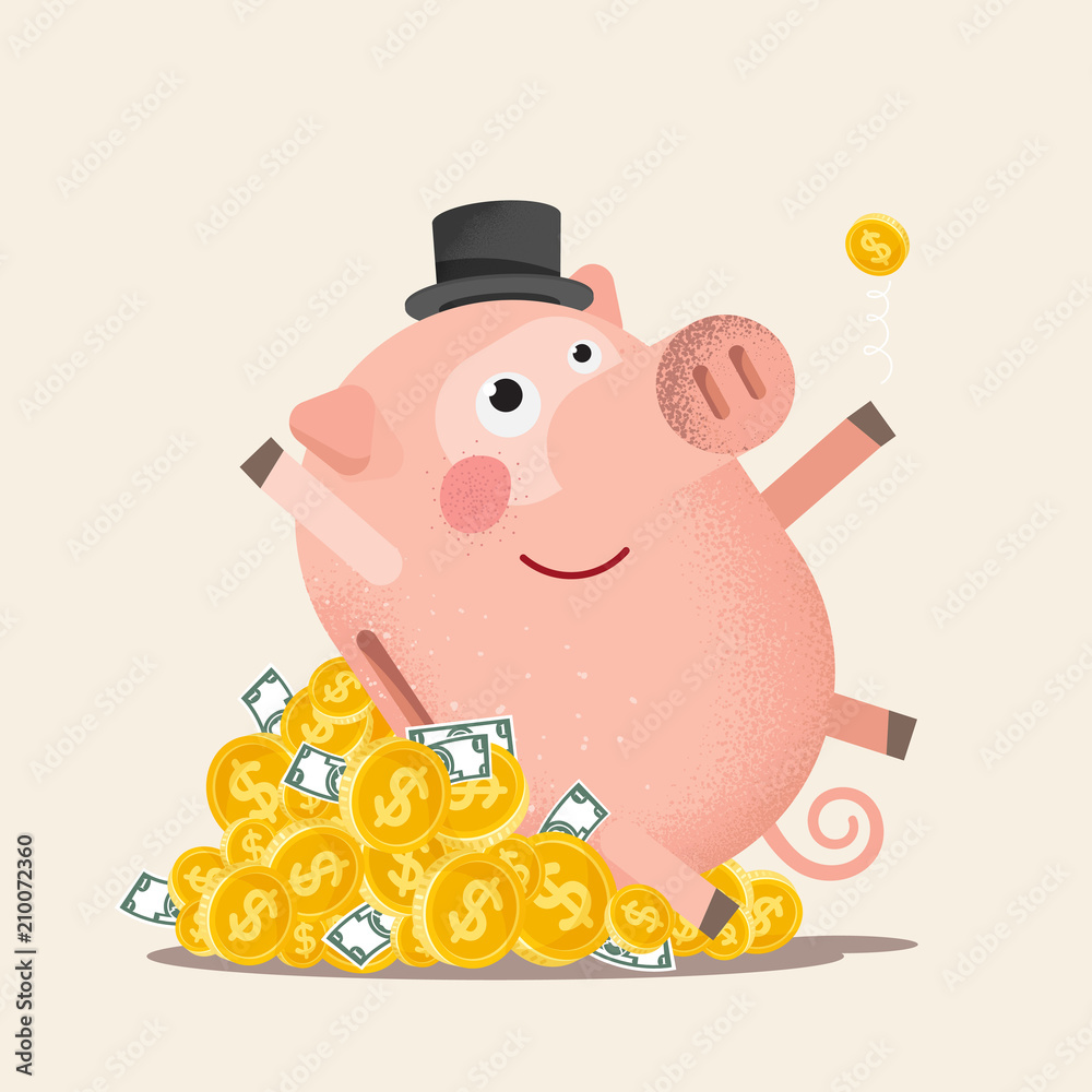 Happy piggy bank with coins. Happy piggy bank with coins.