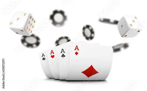 Playing cards, poker chips and dice fly casino on white background. Poker casino vector illustration. Online casino game gambling 3d vector concept, poker mobile app icon