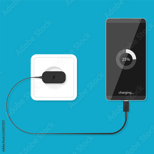 Smartphone plugged and charging from electric socket. Vector illustration in flat style