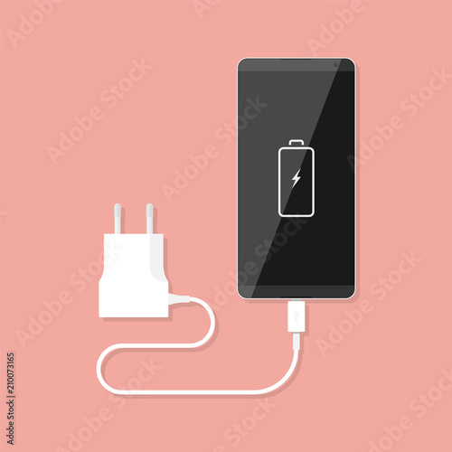 Smartphone and charger adapter. Vector illustration in flat style