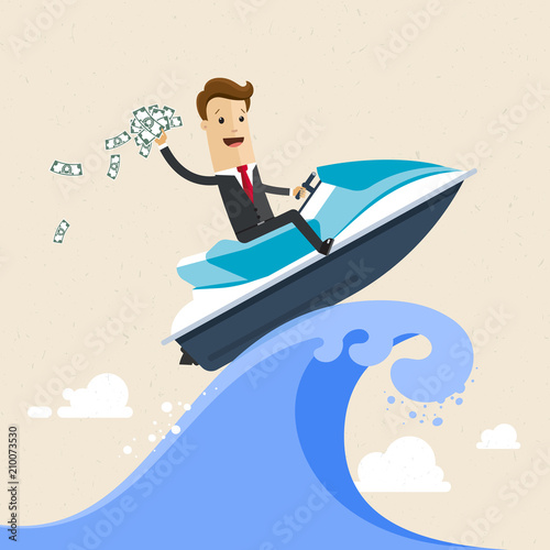 Happy successful businessman surfing on the jet ski.