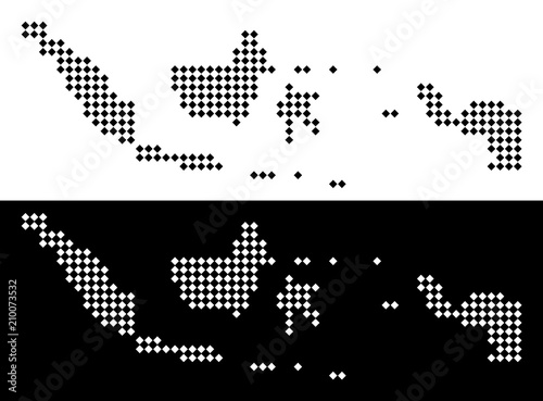 Vector rhombus dotted Indonesia map. Abstract geographical maps in black and white colors on white and black backgrounds. Indonesia map composed of rhombus dot mosaic.
