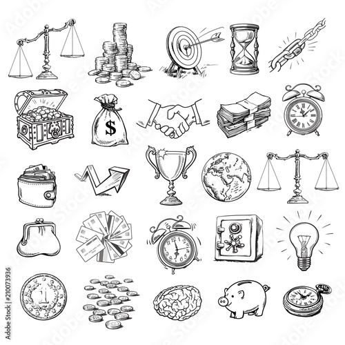 Big business symbols set. Sketch style vector.