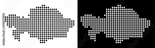 Vector rhombus pixel Kazakhstan map. Abstract geographical maps in black and white colors on white and black backgrounds. Kazakhstan map created of rhombus point pattern.