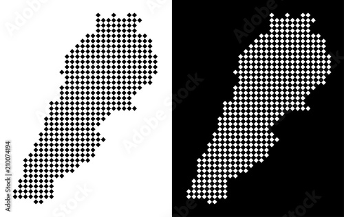 Vector rhombus dot Lebanon map. Abstract geographical maps in black and white colors on white and black backgrounds. Lebanon map organized of rhombic dot pattern.
