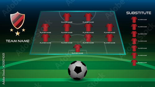 Football starting line up player with team logo, team name and substitute player, realistic 3D football on football grass field, vector illustration