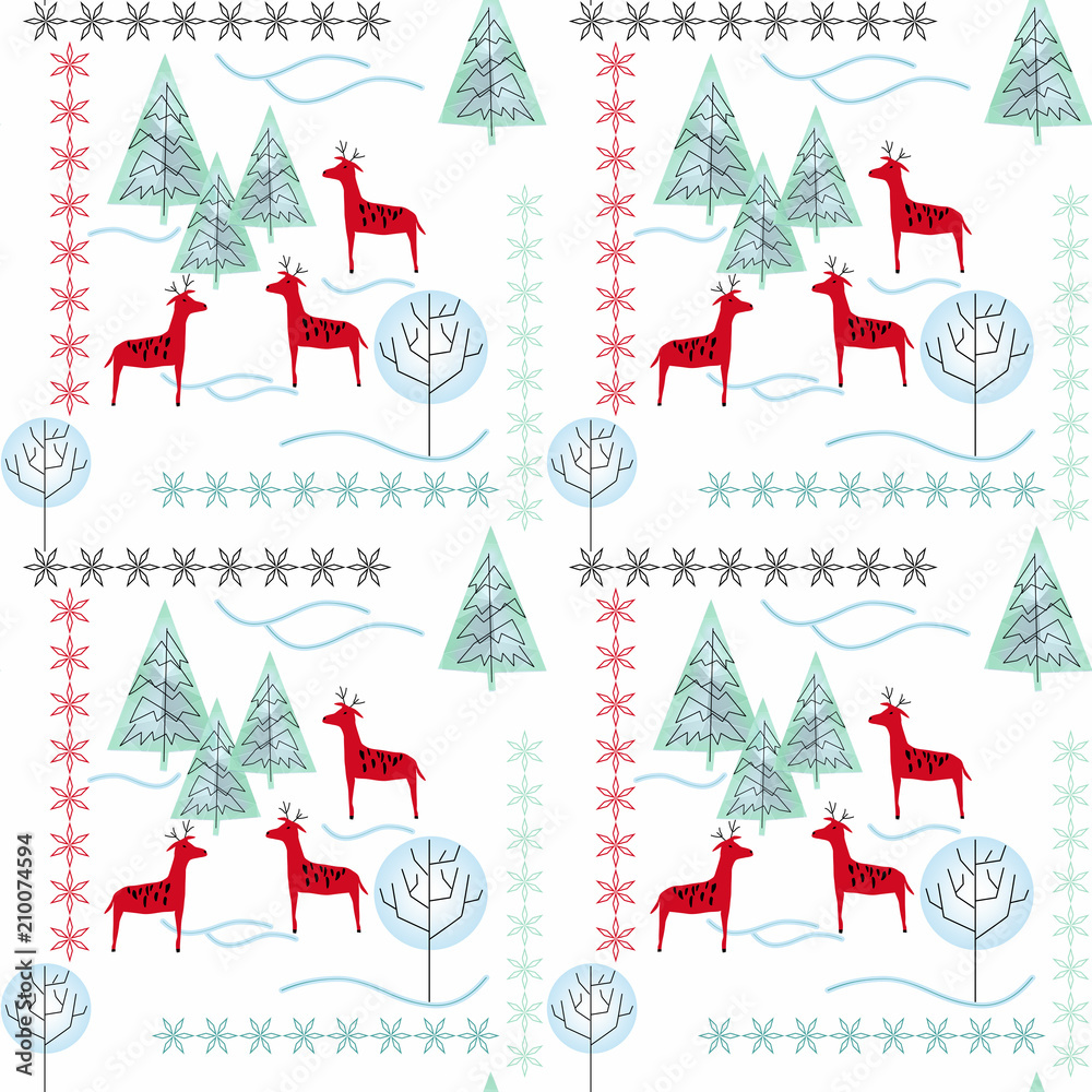 Christmas pattern with Christmas Trees, deer, snowflakes on white background. Christmas pattern with Christmas Trees, deer, snowflakes on white background.