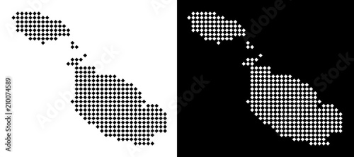 Vector rhombic dot Malta Island map. Abstract geographical maps in black and white colors on white and black backgrounds. Malta Island map constructed of rhombus item mosaic.