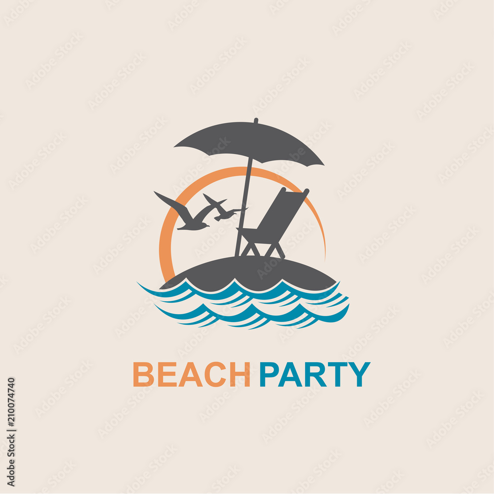 emblem of summer vacation with reclining chair and umbrella on island emblem of summer vacation with reclining chair and umbrella on island