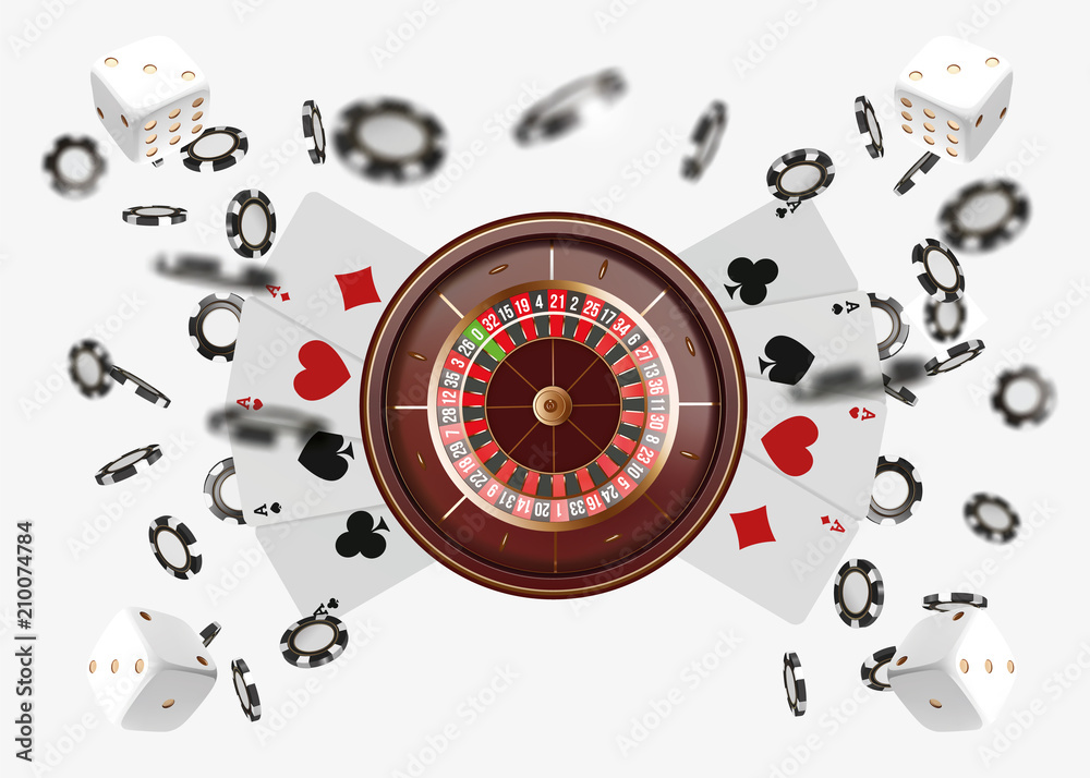 Fototapeta premium Casino background roulette wheel with playing cards, dice and chips. Online casino poker table concept design. Top view of white dice and chips on blue background. Casino sign. 3d vector illustration