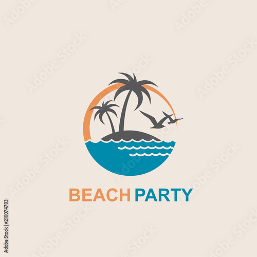 emblem of summer vacation with reclining chair and umbrella on island