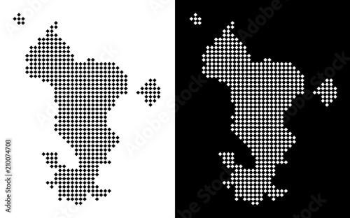 Vector rhombus pixel Mayotte Island map. Abstract geographical maps in black and white colors on white and black backgrounds. Mayotte Island map combined of rhombus item grid.