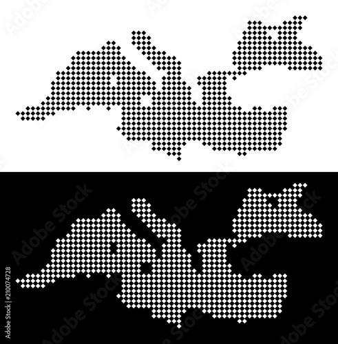 Vector rhombic dotted Mediterranean Sea map. Abstract geographical maps in black and white colors on white and black backgrounds. Mediterranean Sea map designed of rhombic point pattern.