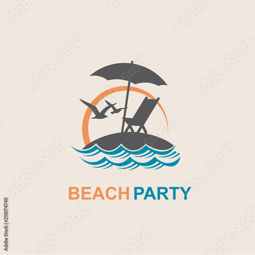 emblem of summer vacation with reclining chair and umbrella on island
