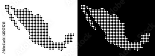 Vector rhombic dotted Mexico map. Abstract territorial maps in black and white colors on white and black backgrounds. Mexico map created of rhombus point pattern.