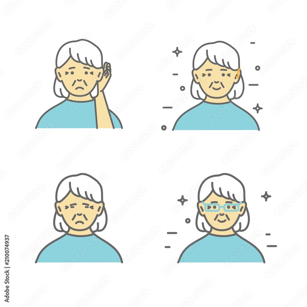 Senior, hard of hearing woman holding hand to her ear. Vector art, flat design on isolated background. Senior, hard of hearing woman holding hand to her ear. Vector art, flat design on isolated background.