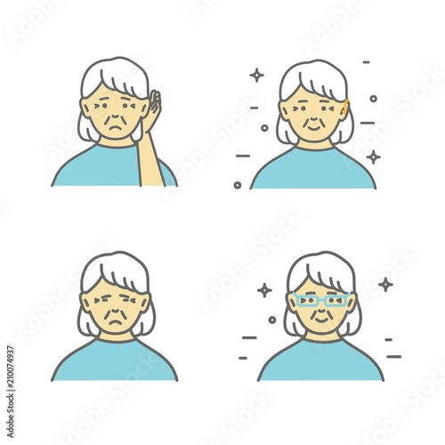 Senior, hard of hearing woman holding hand to her ear. Vector art, flat design on isolated background.