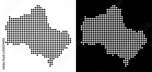 Vector rhombus dotted Moscow Oblast map. Abstract territorial maps in black and white colors on white and black backgrounds. Moscow Oblast map designed of rhombus point grid.