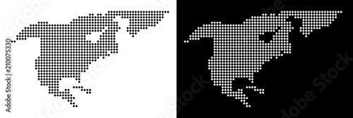 Vector rhombus dotted North America map. Abstract geographic maps in black and white colors on white and black backgrounds. North America map organized of rhombic pixel array.
