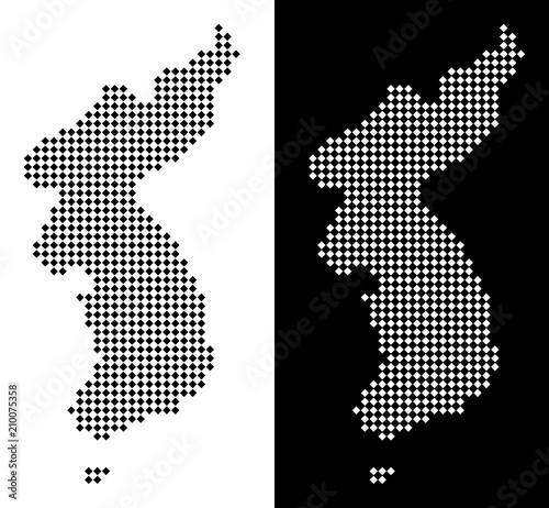 Vector rhombus pixel North and South Korea map. Abstract territorial maps in black and white colors on white and black backgrounds. North and South Korea map done of rhombic dot mosaic.