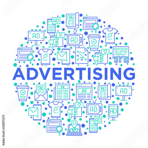 Advertising concept in circle with thin line icons: billboard, street ads, newspaper, magazine, product promotion, email, GEO targeting, social media. Vector illustration, web page template.