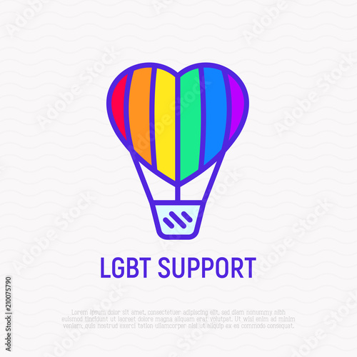 LGBT support thin line icon: aerostat with rainbow balloon in heart shape. Modern vector illustration.