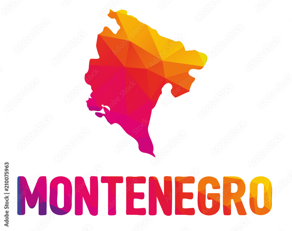 Low polygonal map of Montenegro (Montenegrin) with sign Montenegro, both in warm colors of red, purple, orange and yellow; sovereign state in Southeastern Europe