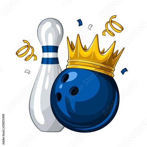 Vector illustration of bowling skittle and blue bowling ball in golden crown, isolated on white background. Winner. Champion 1.1