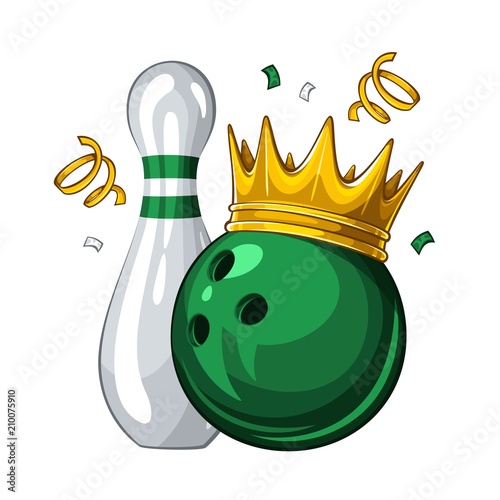 Vector illustration of bowling skittle and green bowling ball in golden crown, isolated on white background. Winner. Champion 1.1