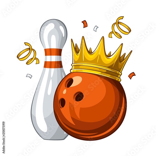 Vector illustration of bowling skittle and orange bowling ball in golden crown, isolated on white background. Winner. Champion 1.1