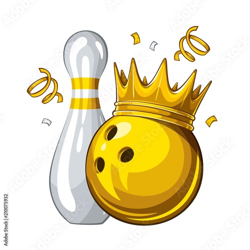 Vector illustration of bowling skittle and yellow bowling ball in golden crown, isolated on white background. Winner. Champion 1.1