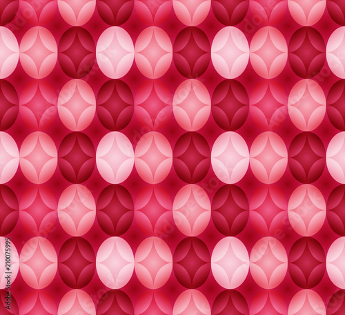 Seamless pattern made of oval abstract geometry shapes with inner starts in colors of shades of red, pink and magenta on dark pink background, Easter egg imitation