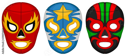 Vector illustration of three luchador (lucha libre, Mexican wrestling) masks.