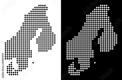 Vector rhombus dot Scandinavia map. Abstract geographical maps in black and white colors on white and black backgrounds. Scandinavia map created of rhombus point array.