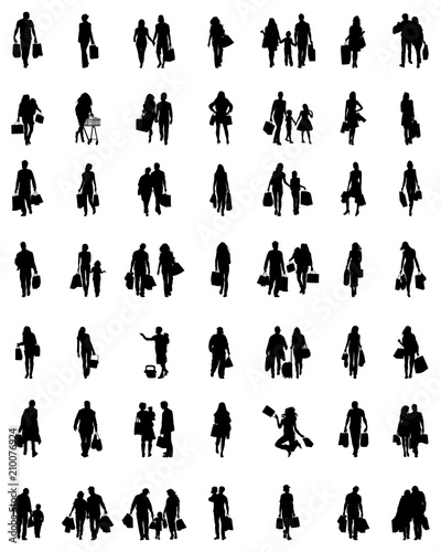 Silhouettes of families at walking, vector