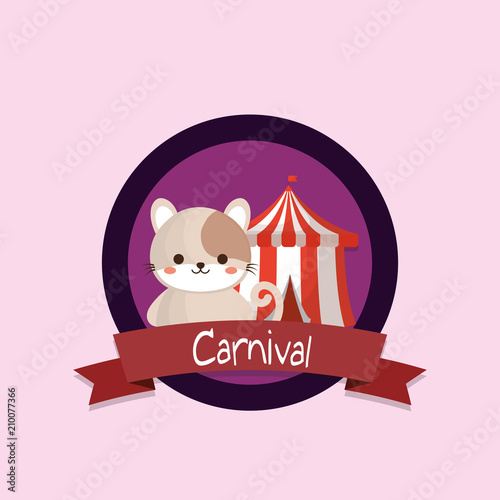 carnival emblem with cute cat and circus tent  over purple background, colorful design. vector illustration