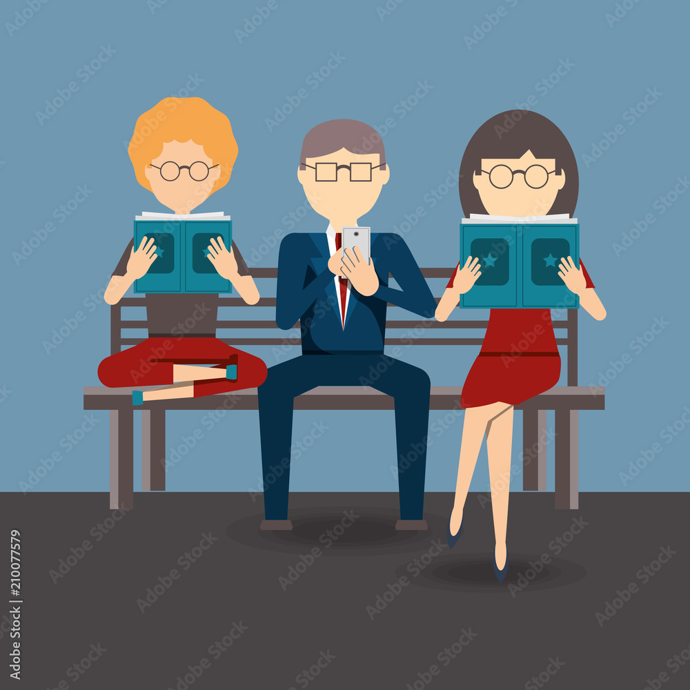 bench with people reading over blue background, colorful design. vector illustration bench with people reading over blue background, colorful design. vector illustration